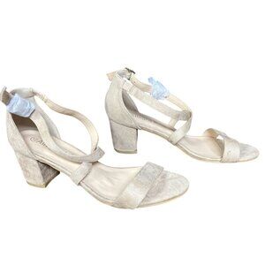 Allegra K Beige Suede Open Toe Chunky Heels Shoe Sandal Ankle Strap Size 7